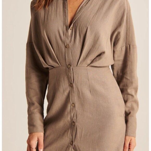 Abercrombie & Fitch Neutral Brown Linen Blend Mini Dress Minimalist Fall Chic - Picture 4 of 12